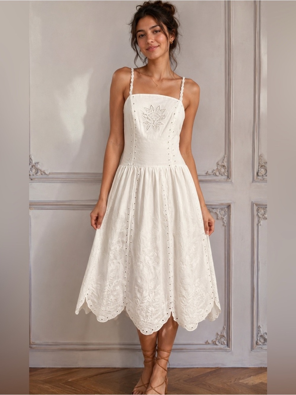 House of Harlow 1960 Off White Richelieu Eyelet Lace Drop Midi Dress M (Farm Rio